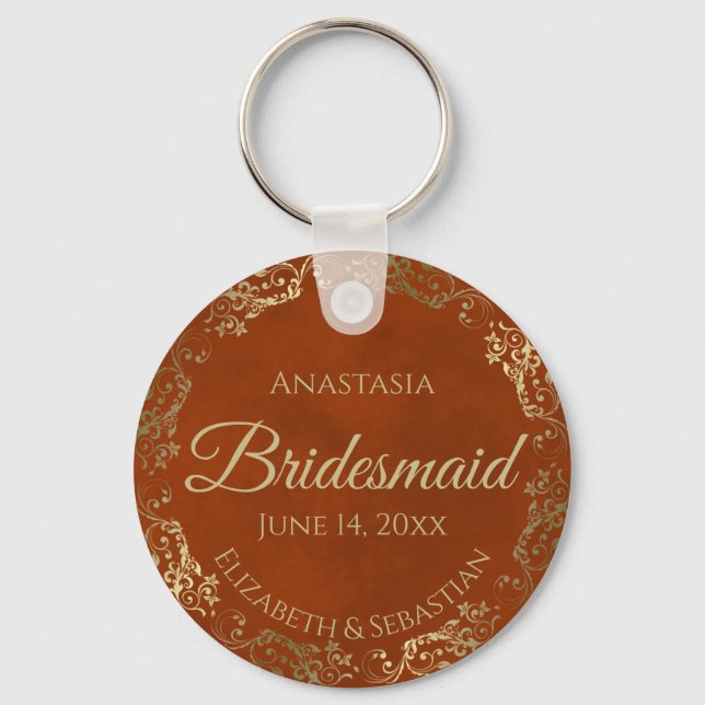 Elegant Rust Orange & Gold Bridesmaid Wedding Gift Keychain (Front)