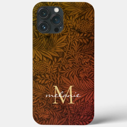 Elegant Rust Orange Gold Floral Script Monogram iPhone 13 Pro Max Case