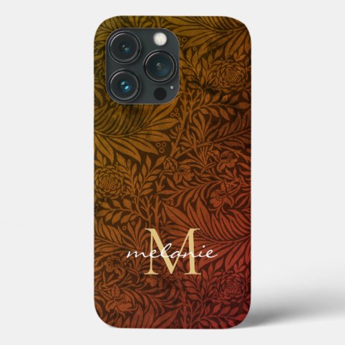 Elegant Rust Orange Gold Floral Script Monogram iPhone 13 Pro Case