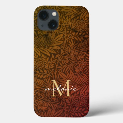 Elegant Rust Orange Gold Floral Script Monogram iPhone 13 Case