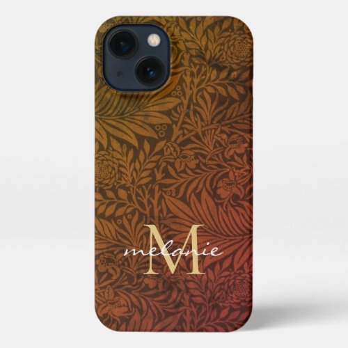 Elegant Rust Orange Gold Floral Script Monogram iPhone 13 Case