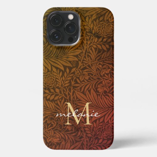 Elegant Rust Orange Gold Floral Script Monogram iPhone 13 Pro Max Case