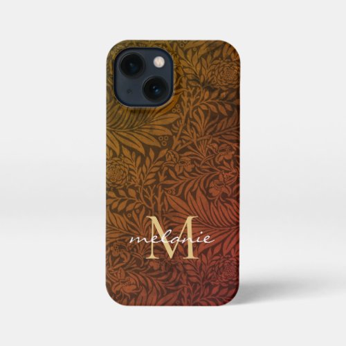 Elegant Rust Orange Gold Floral Script Monogram iPhone 13 Mini Case