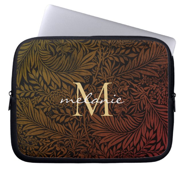 Elegant Rust Orange Gold Floral Script Monogram Laptop Sleeve (Front)