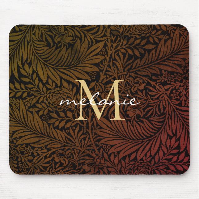 Elegant Rust Orange Gold Floral Script Monogram Mouse Pad (Front)