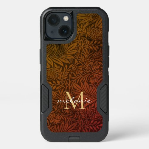 Elegant Rust Orange Gold Floral Script Monogram iPhone 13 Case