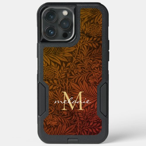 Elegant Rust Orange Gold Floral Script Monogram iPhone 13 Pro Max Case