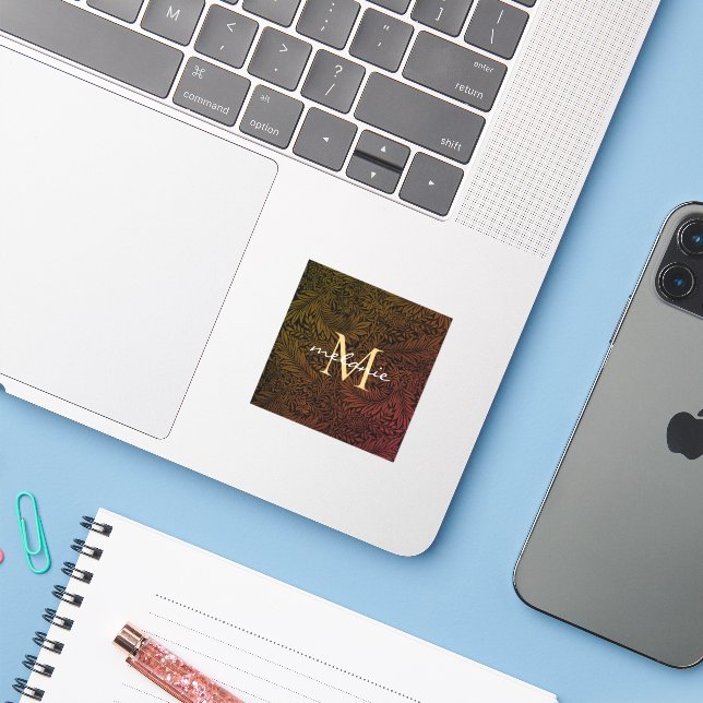 Elegant Rust Orange Gold Floral Script Monogram Sticker (Laptop w/ iPhone)