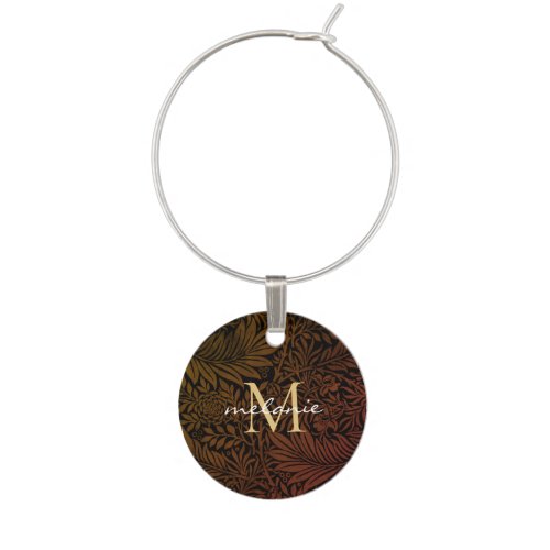 Elegant Rust Orange Gold Floral Script Monogram Wine Charm