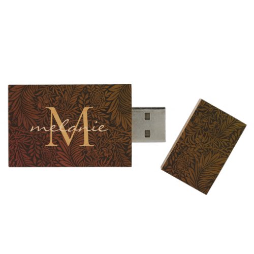 Elegant Rust Orange Gold Floral Script Monogram Wood Flash Drive