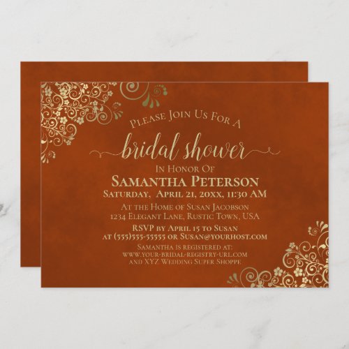 Elegant Rust Orange  Gold Lace Bridal Shower Invitation