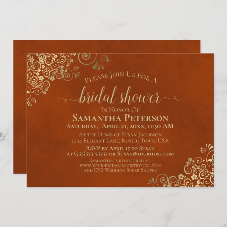 Elegant Rust Orange And Gold Lace Bridal Shower Invitation Zazzle