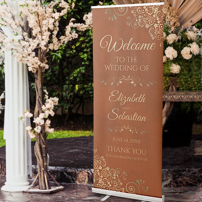 Elegant Rust Orange & Gold Lacy Wedding Welcome Retractable Banner (Creator Uploaded)
