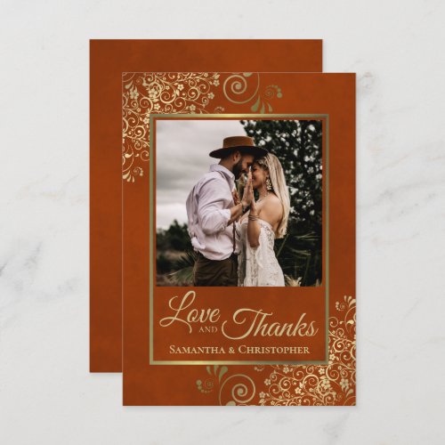 Elegant Rust Orange  Gold Love  Thanks Wedding Thank You Card