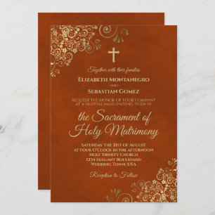 Elegant Rust Orange & Gold Modern Catholic Wedding Invitation