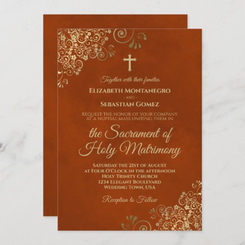 Elegant Rust Orange  Gold Modern Catholic Wedding Invitation