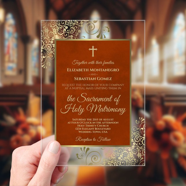 Elegant Rust Orange & Gold Ornate Catholic Wedding Acrylic Invitations (Clear Acrylic with Rectangle Cut)