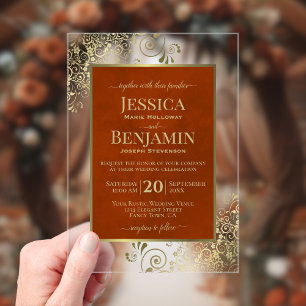 Elegant Rust Orange & Gold Stylish Text Wedding Acrylic Invitations