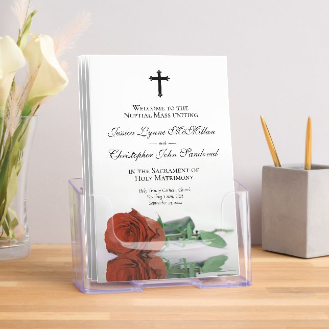 Elegant Rust Orange Rose Catholic Wedding Program Brochure (Insitu)