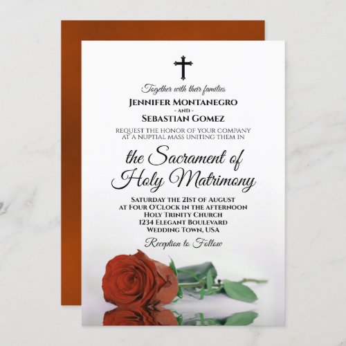 Elegant Rust Orange Rose Modern Catholic Wedding Invitation