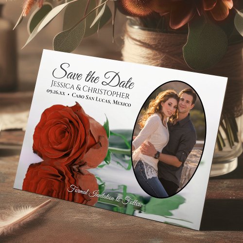 Elegant Rust Orange Rose  Oval Photo Wedding Save The Date