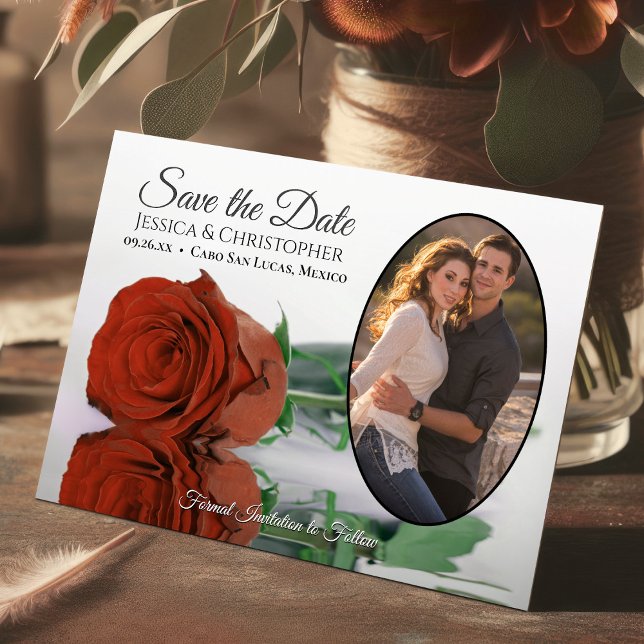 Elegant Rust Orange Rose & Oval Photo Wedding Save The Date (Creator Uploaded)