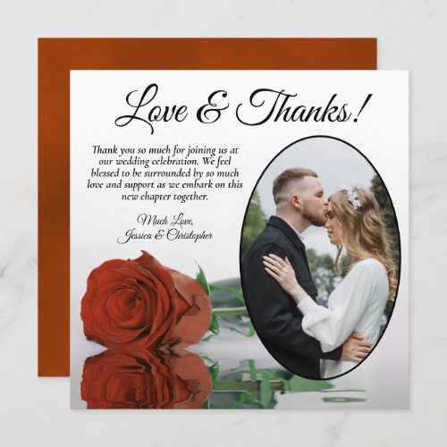 Elegant Rust Orange Rose Oval Photo Wedding Thank You Card