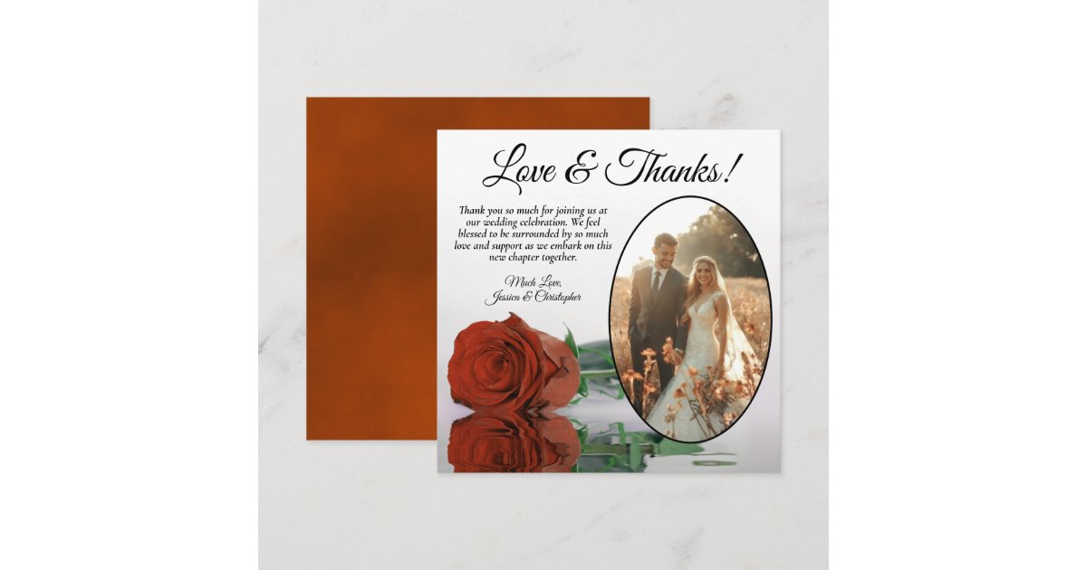 Elegant Rust Orange Rose Oval Photo Wedding Thank You Card | Zazzle