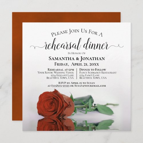 Elegant Rust Orange Rose Wedding Rehearsal Dinner Invitation