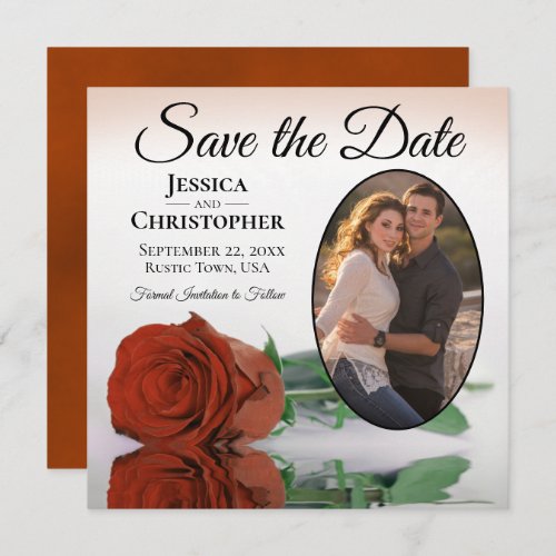 Elegant Rust Orange Rose with Oval Photo Wedding Save The Date