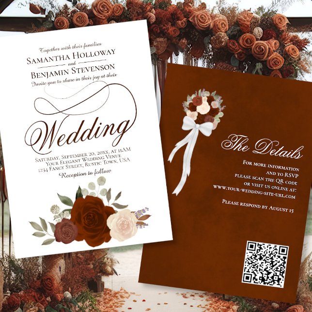 Elegant Rust Orange Roses Floral QR Code Wedding Invitation (Front/Back)