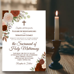 Elegant Rust Orange Roses Modern Catholic Wedding Invitation