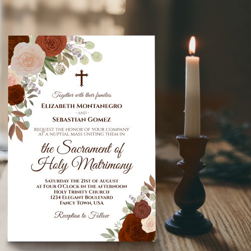 Elegant Rust Orange Roses Modern Catholic Wedding Invitation