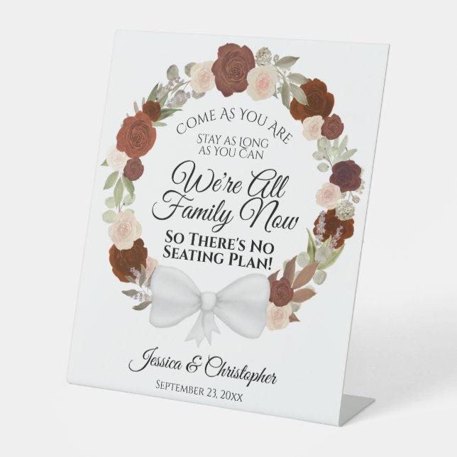 Elegant Rust Orange Roses Open Seating Wedding Pedestal Sign (Front)
