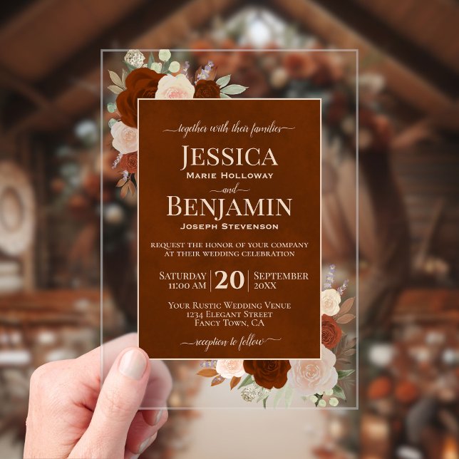 Elegant Rust Orange Roses Stylish Text Wedding Acrylic Invitations (Clear Acrylic with Rectangle Cut)