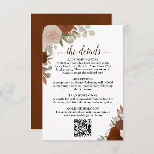 Elegant Rust Orange Roses Wedding Details QR Code Enclosure Card