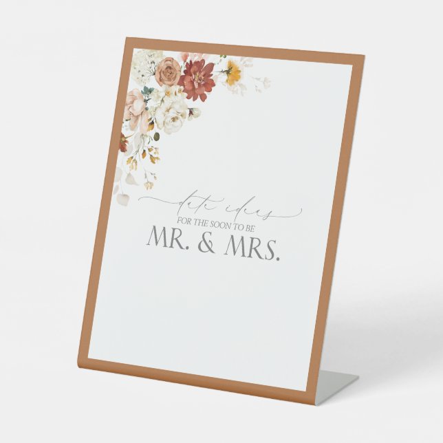 Elegant Rust Orange Watercolor Floral Date Ideas Pedestal Sign (Front)