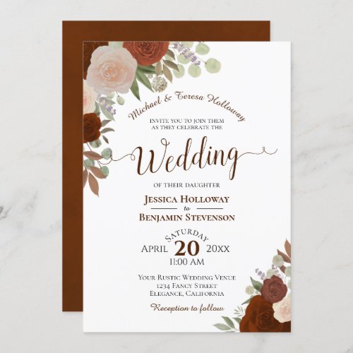 Elegant Rust Orange Watercolor Floral Wedding Invitation
