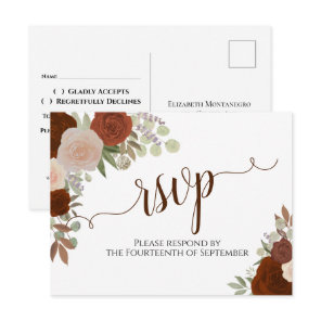 Elegant Rust Orange Watercolor Roses Wedding RSVP Postcard