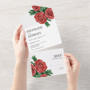 Elegant Rust Red and Sage Floral Roses Wedding All In One Invitation