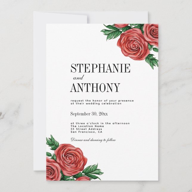 Elegant Rust Red and Sage Floral Roses Wedding Invitation (Front)