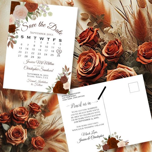 Elegant Rust Roses Wedding Save the Date Calendar Announcement Postcard