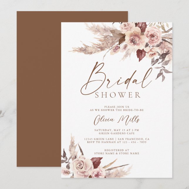 Elegant Rust Terracotta Pampas Boho Bridal Shower Invitation (Front/Back)
