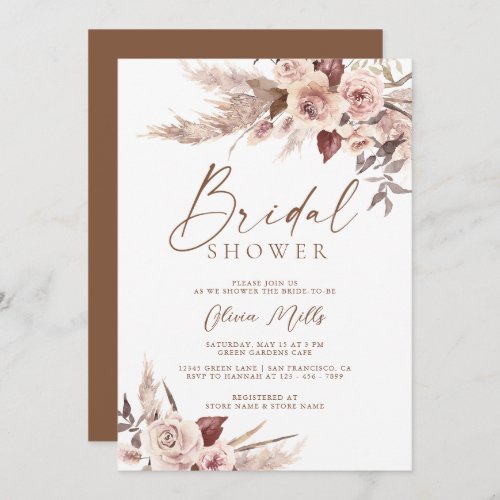 Elegant Rust Terracotta Pampas Boho Bridal Shower Invitation