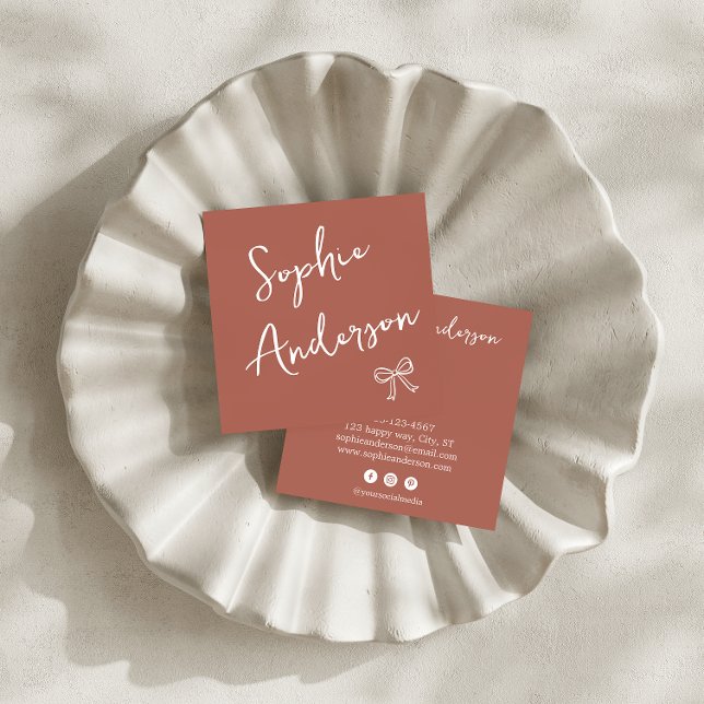 Elegant Rust Terracotta Script with Bow        Square Business Card (Creator Uploaded)