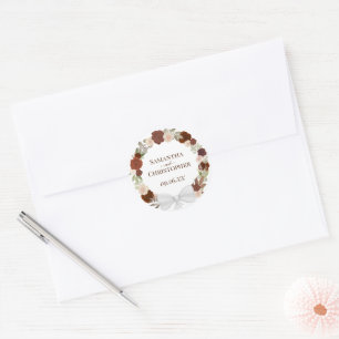 Elegant Rust Watercolor Roses Wreath Fall Wedding Classic Round Sticker
