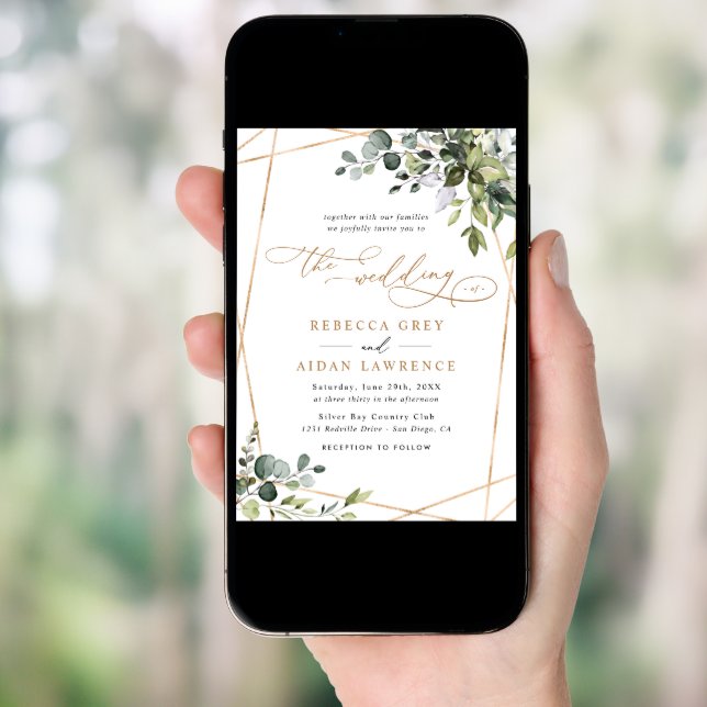 Elegant Rustic All-In-One Gold Greenery Wedding Invitation (Front Digital)