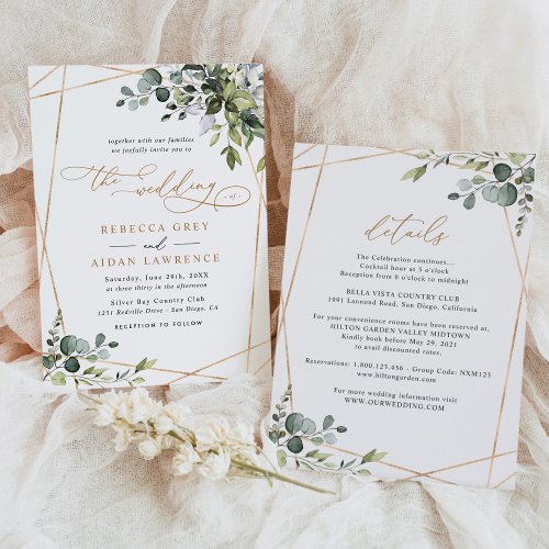 Elegant Rustic All_In_One Gold Greenery Wedding Invitation