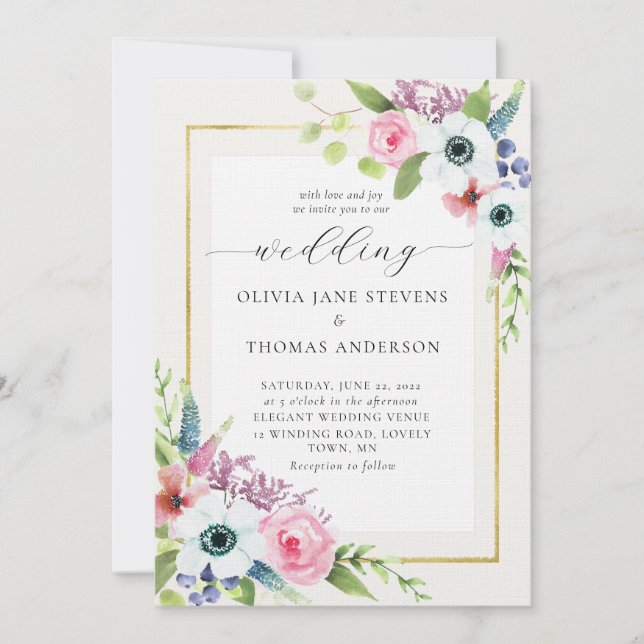 Elegant Rustic Anemone Gold Floral Frame Wedding Invitation (Front)