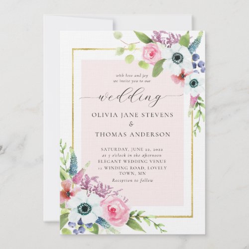 Elegant Rustic Anemone Rose Floral Frame Wedding Invitation